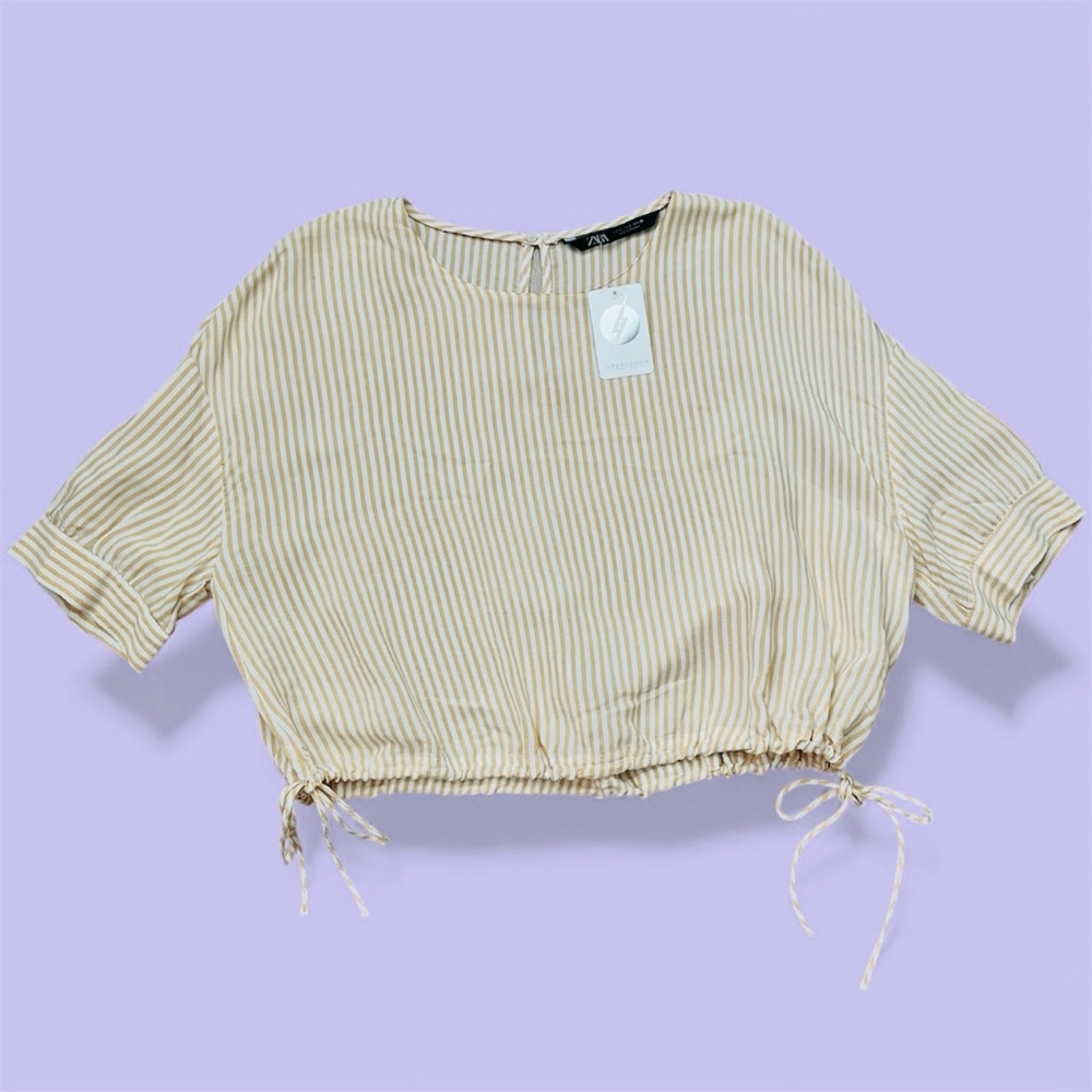 ZARA Striped Drawstring Hem Crop Top Beige White Short Sleeve Size Large